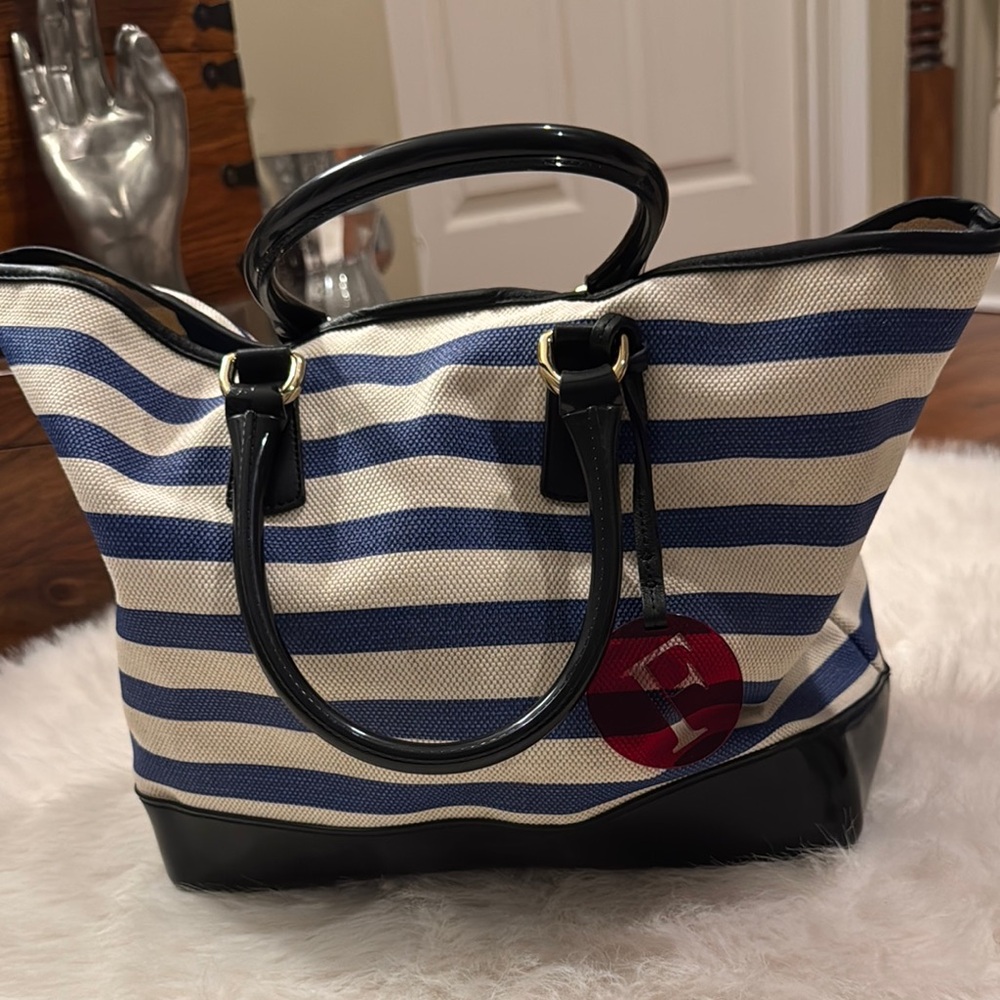 Striped Navy & White Tote Bag with Black Trim